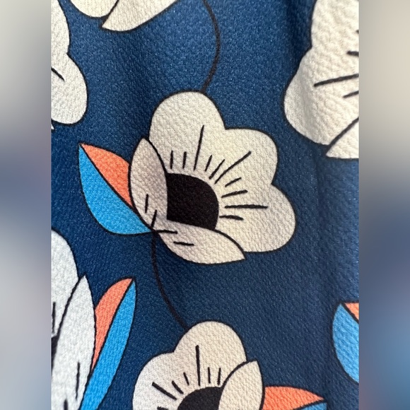 Joy Joy Blue Coral Floral Print Off The Shoulder Top with Pom Pom Fringe- Small - Picture 2 of 5